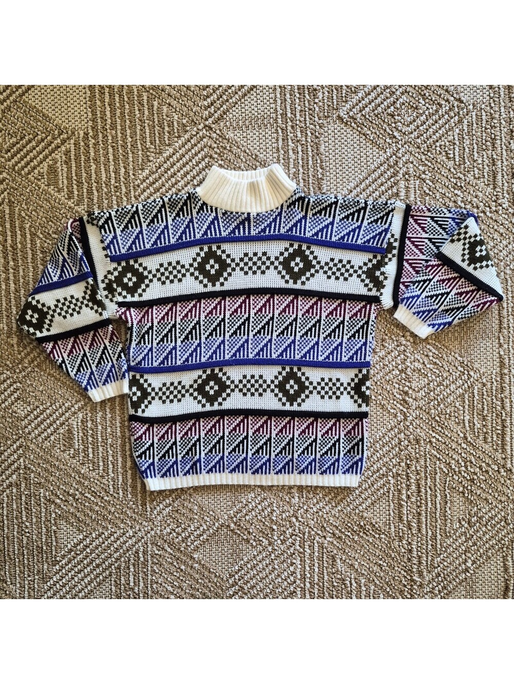 Vintage 80s 90s Geometric Knit Mock Neck Ski Sweater Chevron Retro L XL